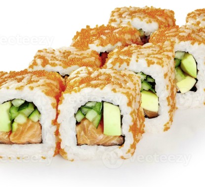 Sake I/O (Lachs, Avocado mit Flugfischrogen)